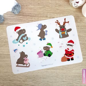 Planche de Stickers - Potam à Noël | Hippopotame | Papeterie Kawaii | Mignon | Bujo | Planner | Scrapbooking | Feuille d'Autocollants