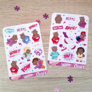 2 Planches de Stickers - Super-Héros | Hippopotame | Papeterie Kawaii | Mignon | Bujo | Planner | Scrapbooking | Feuille d'Autocollants