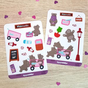 2 Planches de Stickers - HippoMarket | Hippopotame | Papeterie Kawaii | Mignon | Bujo | Planner | Scrapbooking | Feuille d'Autocollants