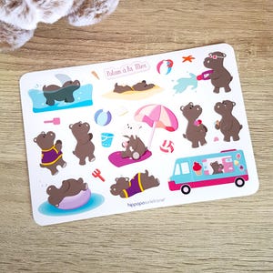 Planche de Stickers - Potam à la Mer | Hippopotame | Papeterie Kawaii | Mignon | Bujo | Planner | Scrapbooking | Feuille d'Autocollants