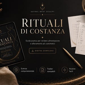 May include: A digital download product advertisement with the title "RITUALI DI COSTANZA" on a tablet screen. The image features a pen, printed worksheets, and a cup of coffee on a black background with gold accents. The product is a guide for nutrition and exercise.