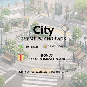 Può includere: Immagine a tema cittadino con il testo "City Theme Island Pack". L'immagine presenta un orologio, uno scooter, panchine ed edifici. Il testo sull'immagine recita "40 articoli", "3 codici percorso" e "Kit di personalizzazione bonus 50".