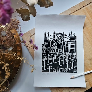 Palma de Mallorca Cathedral Original Linocut Art Print, Handprint, Mallorca, Ibiza Linoprint, Balearic island style  Linocut Artwork