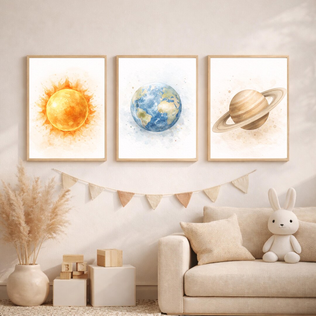 Solar System Nursery Wall Art Set of 3, Sun Earth Saturn Prints, Space ...
