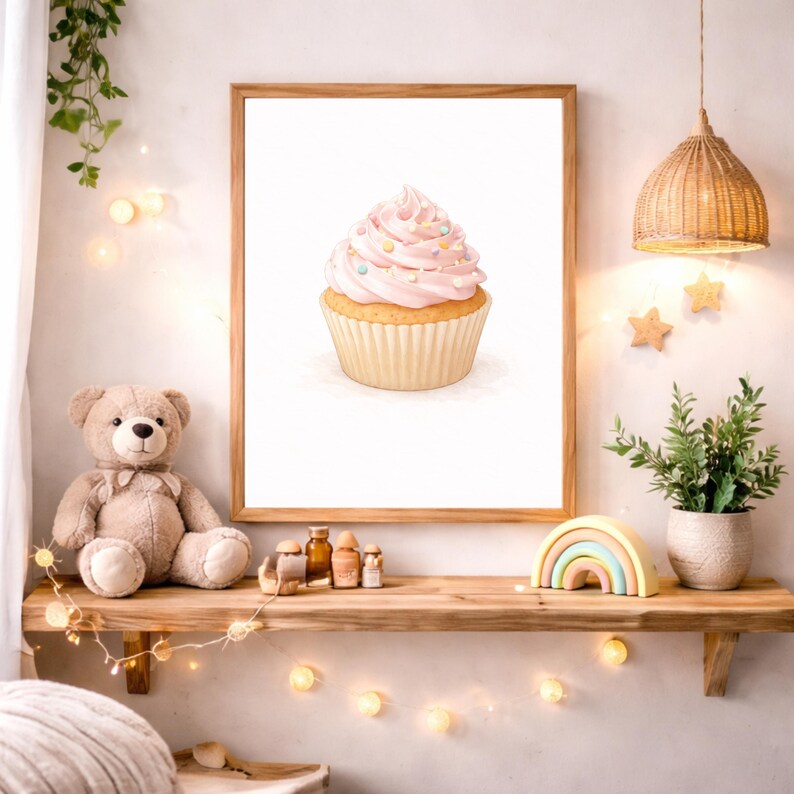 May include: A framed watercolor print of a cupcake with pink frosting and sprinkles. The cupcake is in a light-colored paper cup. The print is displayed on a wooden shelf with a teddy bear, decorative items, and a string of lights.