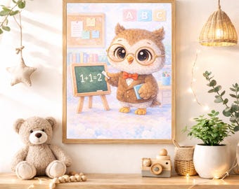 Teacher Owl Caricature Nursery Wall Art Instant Digital Download, Cute School Owl Printable Decor for Girls Boys Baby Kids Classroom Room