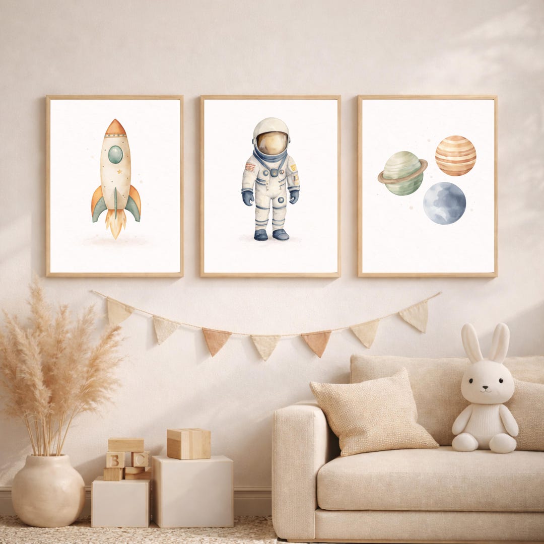 Space Nursery Wall Art Set of 3, Astronaut Rocket Planets Prints, Outer ...