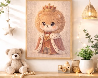 King Lion Caricature Nursery Wall Art Instant Digital Download, Cute Royal Lion Watercolor Printable Decor for Boys Girls Baby Room Kids