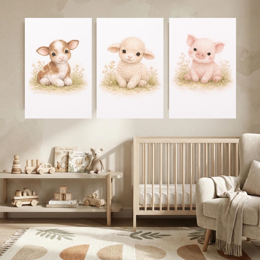 Farm Animal Nursery Wall Art Set of 3 Canvas Prints, Calf Lamb Piglet ...
