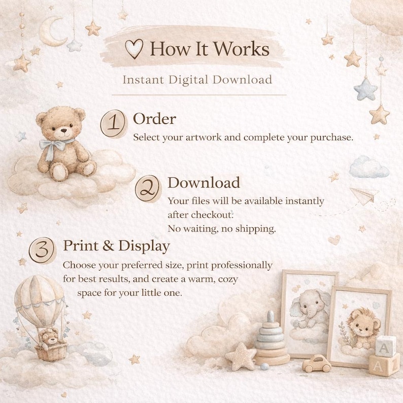 May include: Watercolor illustration showing the process of ordering and downloading digital artwork. The image includes a teddy bear, hot air balloon, and framed animal prints. Text reads "How It Works" and "Instant Digital Download".