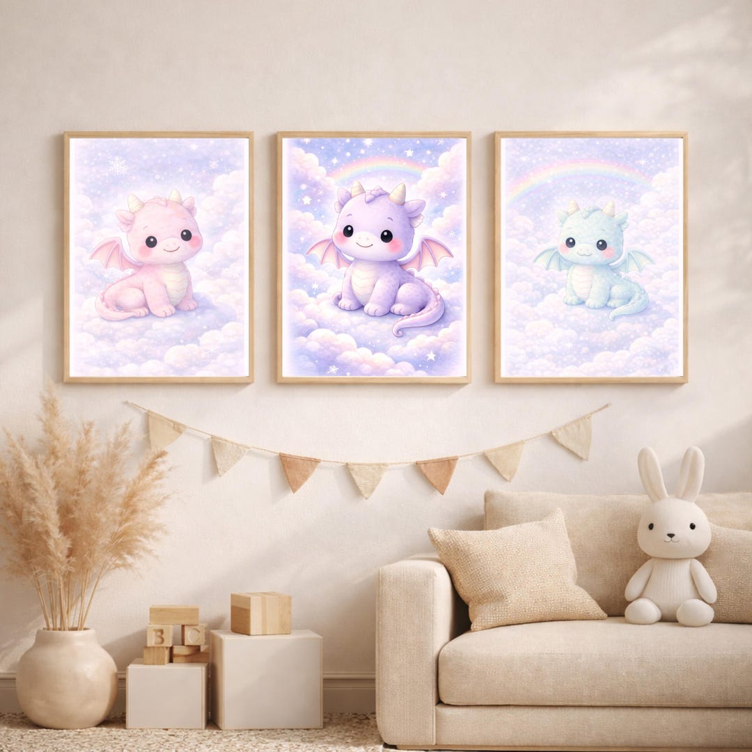 Pastel Dragon Nursery Wall Art Set of 3, Baby Dragon Fantasy Prints ...