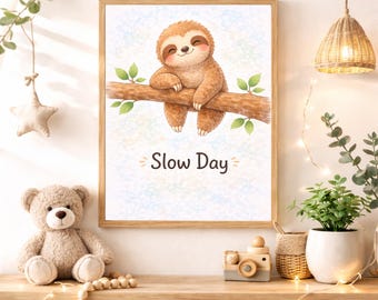 Slow Day Nursery Quote Wall Art Instant Digital Download, Cute Sloth Printable Woodland Animal Decor for Girls Boys Baby Kids Room