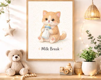 Milk Break Nursery Quote Wall Art Instant Digital Download, Cute Baby Kitten Printable Decor for Girls Boys Baby Nursery Room Kids Bedroom