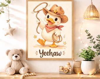 Yeehaw Nursery Quote Wall Art Instant Digital Download, Cute Cowboy Duck Printable Decor for Girls Boys Baby Kids Room Western Nursery