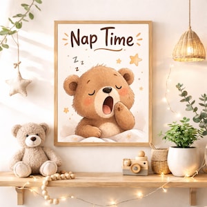 Nap Time Nursery Quote Wall Art Instant Digital Download, Cute Sleepy Teddy Bear Bedtime Printable Decor for Girls Boys Baby Kids Room