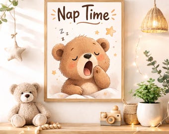 Nap Time Nursery Quote Wall Art Instant Digital Download, Cute Sleepy Teddy Bear Bedtime Printable Decor for Girls Boys Baby Kids Room