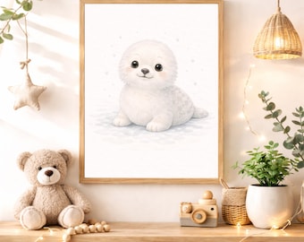 Cute Baby Seal Nursery Wall Art Printable, Arctic Ocean Animal Baby Room Decor, Neutral Coastal Kids Bedroom Poster Instant Digital Download