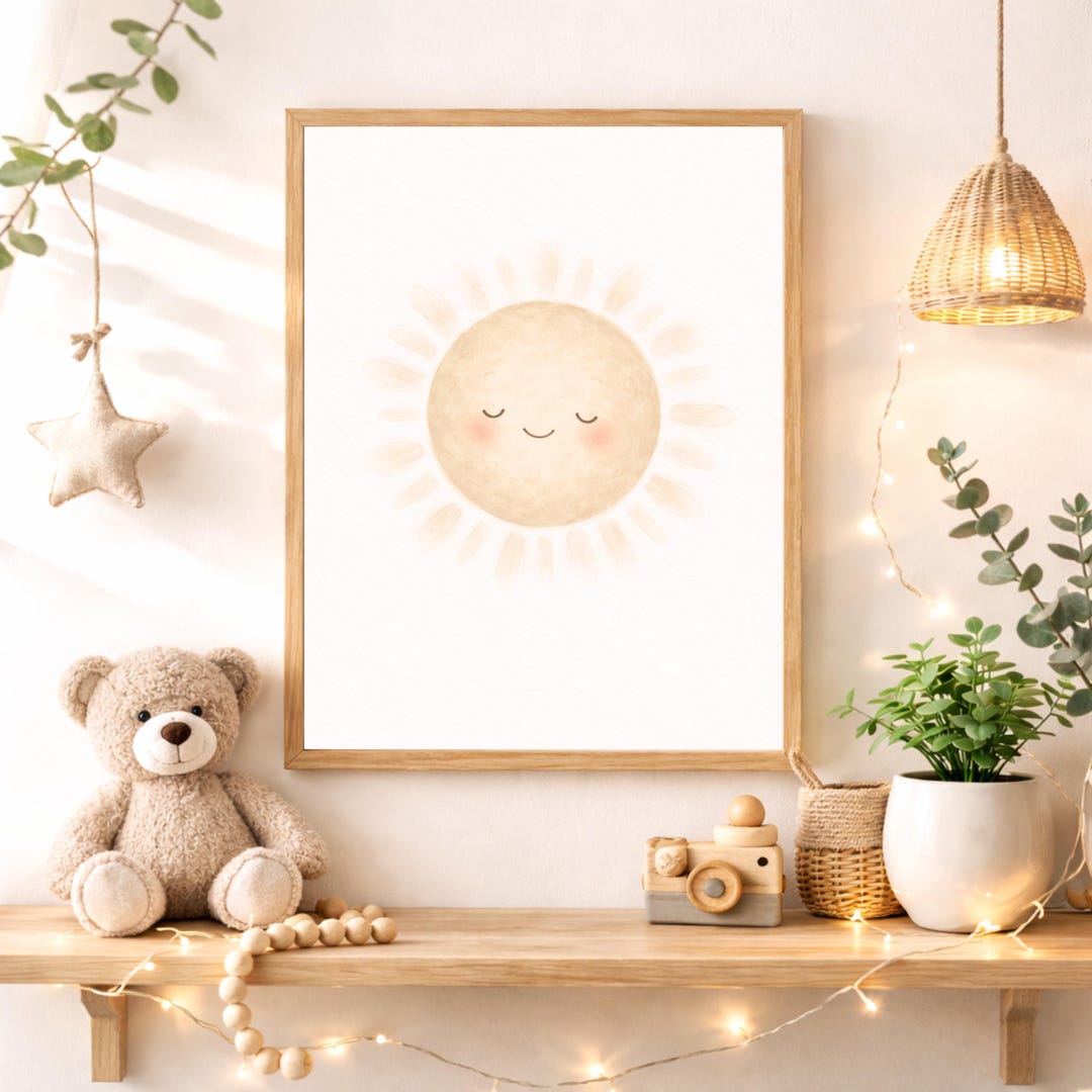 Cute Smiling Sun Nursery Wall Art Printable, Neutral Boho Baby Room ...