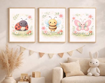 Garden Bug Nursery Wall Art Set, Ladybug Bee Butterfly Prints for Kids Room Decor, Cute Insect Decor, Instant Digital Download Printable
