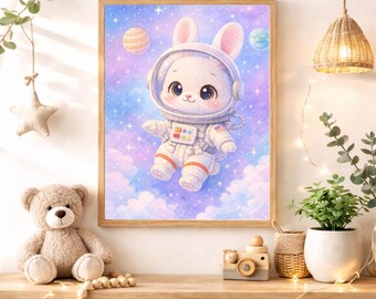 Astronaut Bunny Caricature Nursery Wall Art Instant Digital Download, Cute Space Rabbit Printable Decor for Girls Boys Baby Kids Room