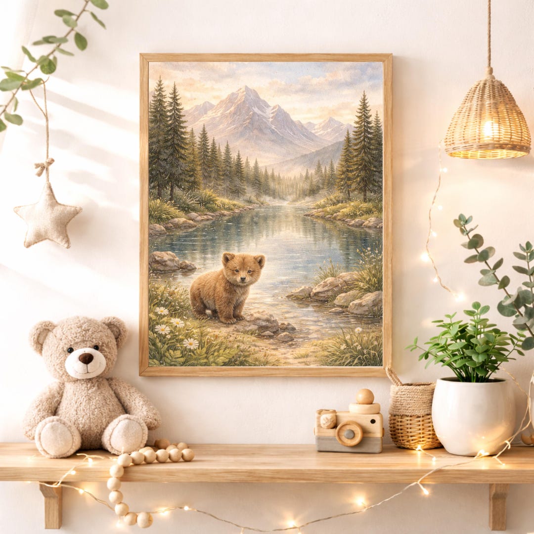 Bear Cub Nursery Wall Art Printable, Woodland Mountain Baby Room Decor ...