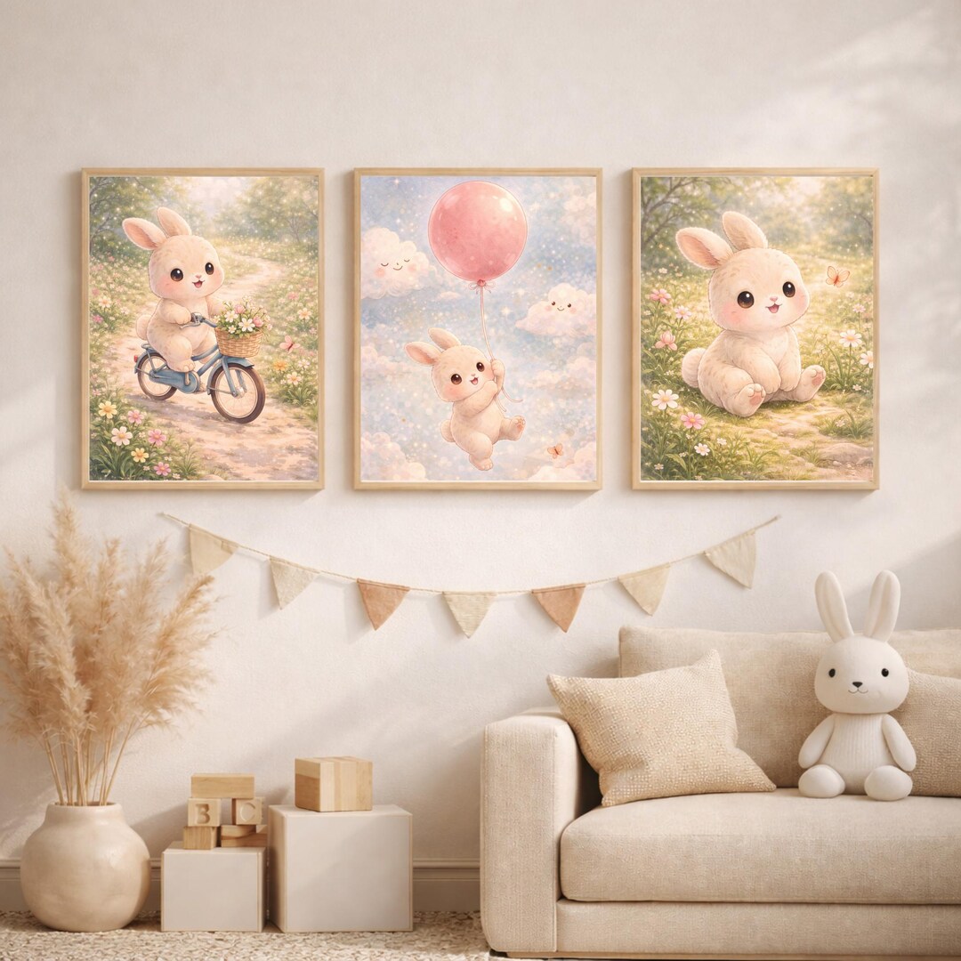 Bunny Nursery Wall Art Set of 3, Cute Rabbit on Bike Baby Prints ...