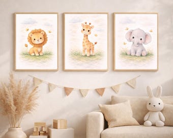 Safari Baby Animals Nursery Wall Art Set, Lion Giraffe Elephant Prints, Neutral Jungle Kids Room Decor, Instant Digital Download Printable