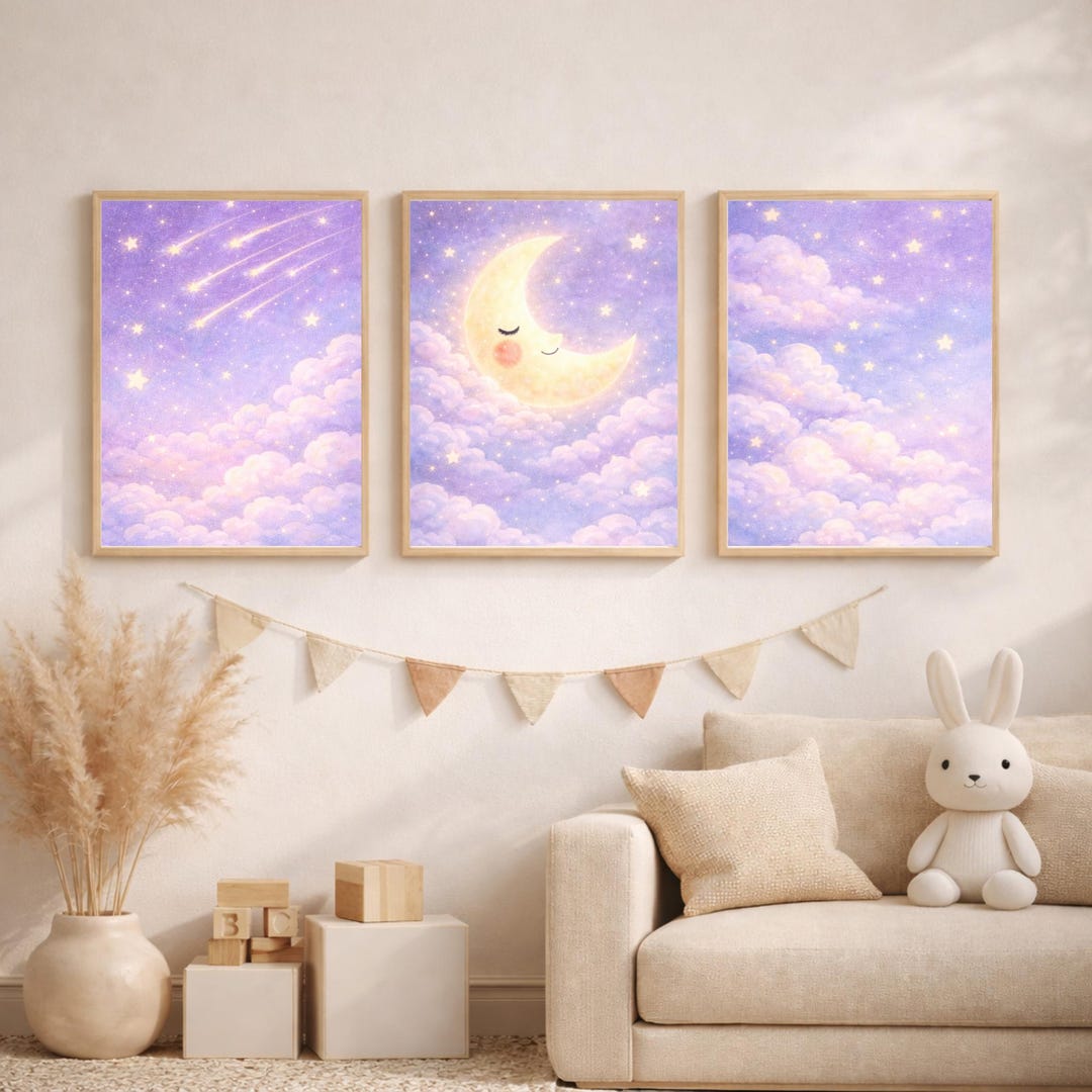 Moon and Stars Triptych Nursery Wall Art Set of 3 Pastel Night Sky ...