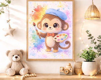 Artist Monkey Caricature Nursery Wall Art Instant Digital Download, Cute Painter Monkey Printable Decor for Girls Boys Baby Kids Room