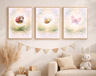 Spring Nursery Wall Art Set of 3, Ladybug Bee Butterfly Prints, Floral Baby Room Decor, Whimsical Garden Printable Digital Download