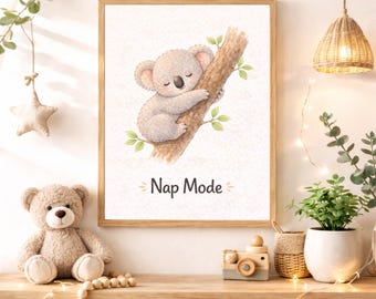 Nap Mode Nursery Quote Wall Art Instant Digital Download, Cute Sleeping Koala Printable Decor for Baby Nursery Room Girls Boys Kids Bedroom