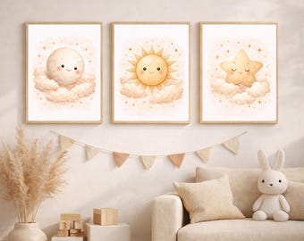 Sun Moon Star Baby Wall Art Set, Celestial Kids Room Decor, Neutral Space Theme Prints, Instant Digital Download Sky Nursery Decor