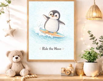 Ride the Wave Nursery Quote Wall Art Instant Digital Download, Cute Surfing Penguin Printable Decor Baby Girls Boys Kids Room Ocean Nursery