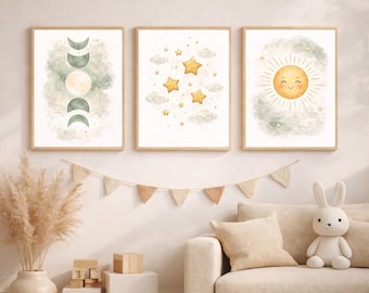 Celestial Nursery Wall Art Set of 3, Moon Phases Sun and Stars Prints, Boho Neutral Baby Room Decor, Printable Nursery Download