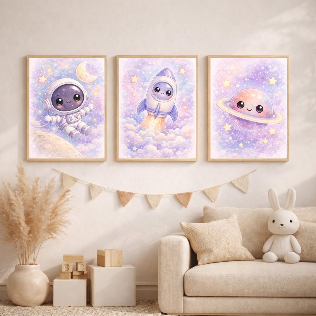 Space Nursery Wall Art Set of 3, Astronaut Rocket Planet Prints, Cute ...