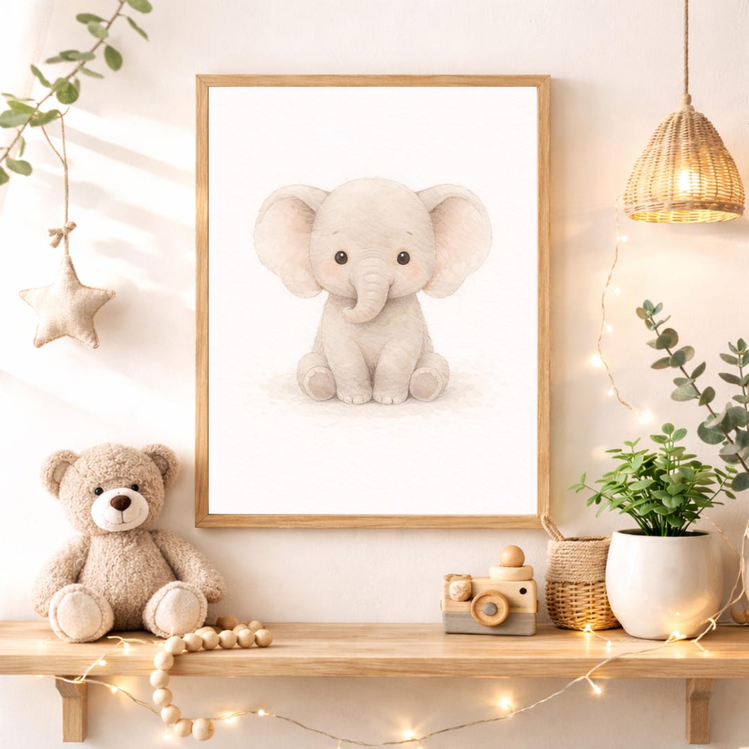 Baby Elephant Nursery Wall Art Printable, Neutral Safari Animal Baby ...