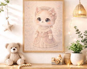 Vintage Cat Caricature Nursery Wall Art Instant Digital Download, Cute Victorian Kitty Watercolor Printable Decor for Baby Girl Room