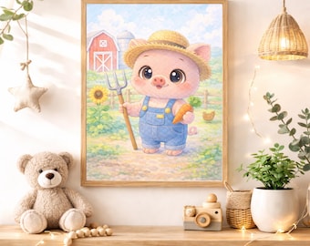 Farmer Pig Caricature Nursery Wall Art Instant Digital Download, Cute Farm Piglet Printable Barnyard Animal Decor Boys Girls Baby Kids Room