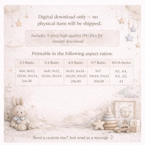 May include: A digital download art print with a soft, watercolor aesthetic. The image features a bunny, wooden toys, and text indicating printable sizes, including 4x6, 8x12, and 12x18 inches. The text also states that it is a digital download.