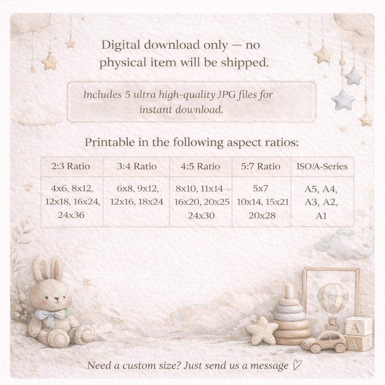 May include: A digital download art print with a soft, watercolor aesthetic. The image features a bunny, wooden toys, and text indicating printable sizes, including 4x6, 8x12, and 12x18 inches. The text also states that it is a digital download.