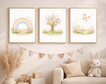 Rainbow Floral Baby Wall Art Set, Butterfly Garden Kids Room Decor, Pastel Spring Nursery Prints, Instant Digital Download Flower Artwork