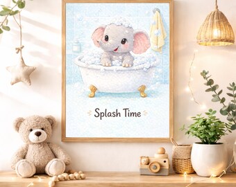 Splash Time Nursery Quote Wall Art Instant Digital Download, Cute Baby Elephant Bath Printable Decor for Girls Boys Baby Kids Room