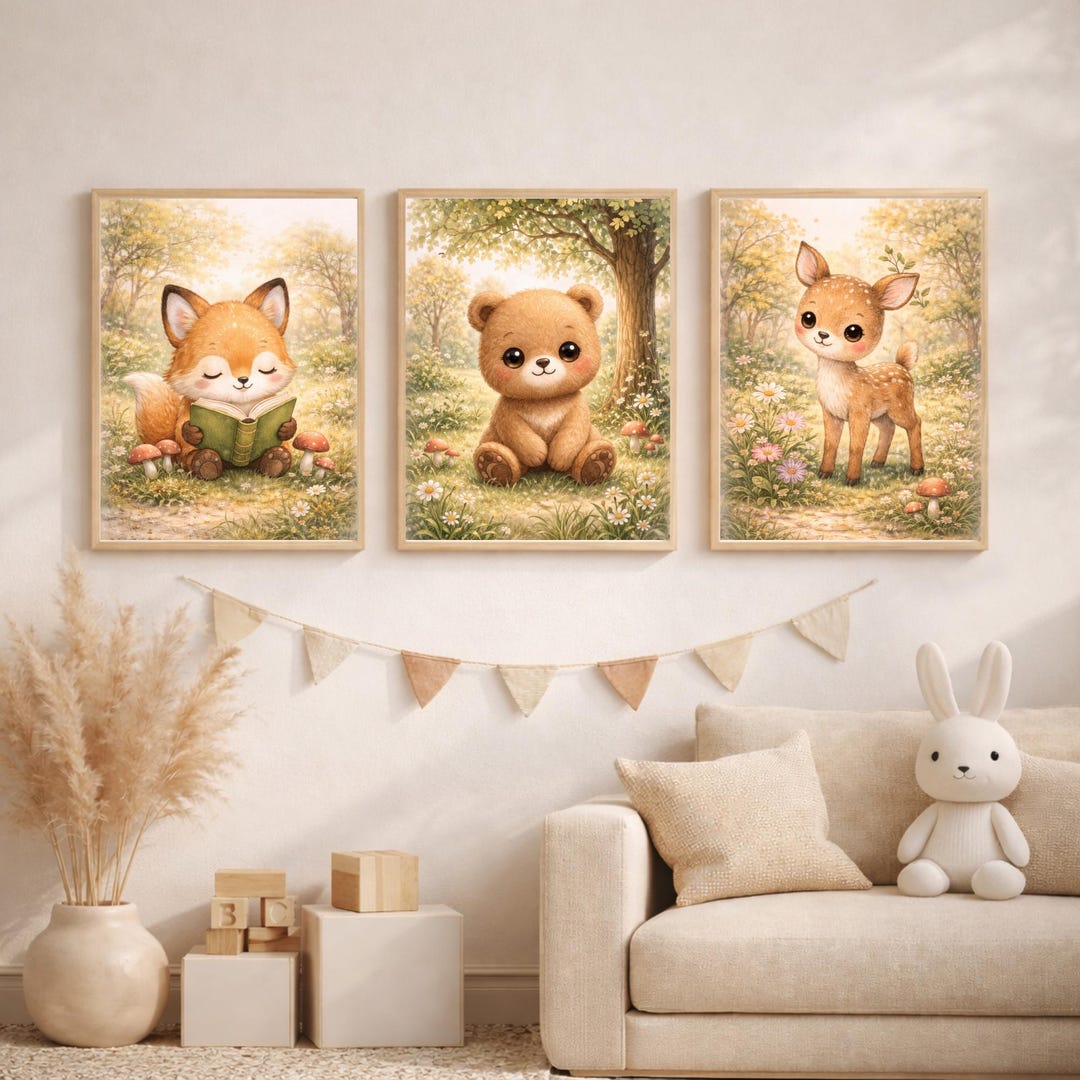 Woodland Nursery Wall Art Set of 3, Fox Bear Deer Baby Animal Prints ...