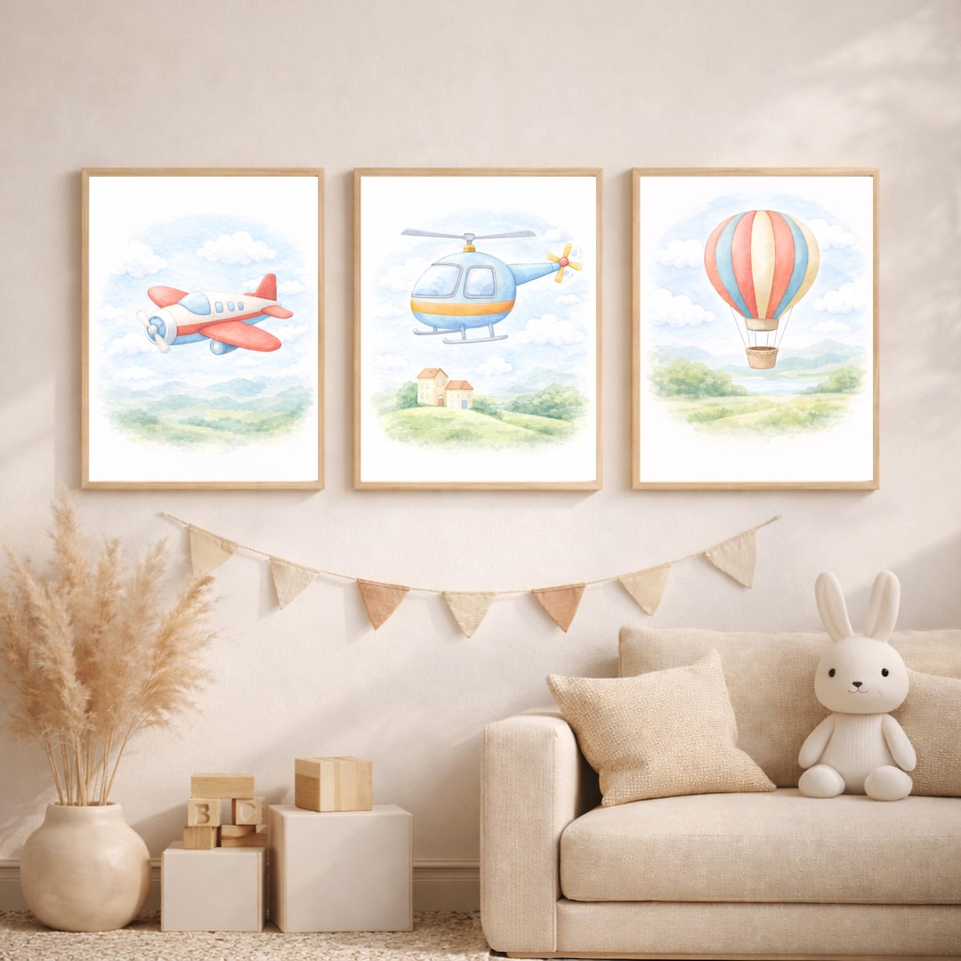 Airplane Nursery Wall Art Set of 3, Helicopter Hot Air Balloon Prints ...