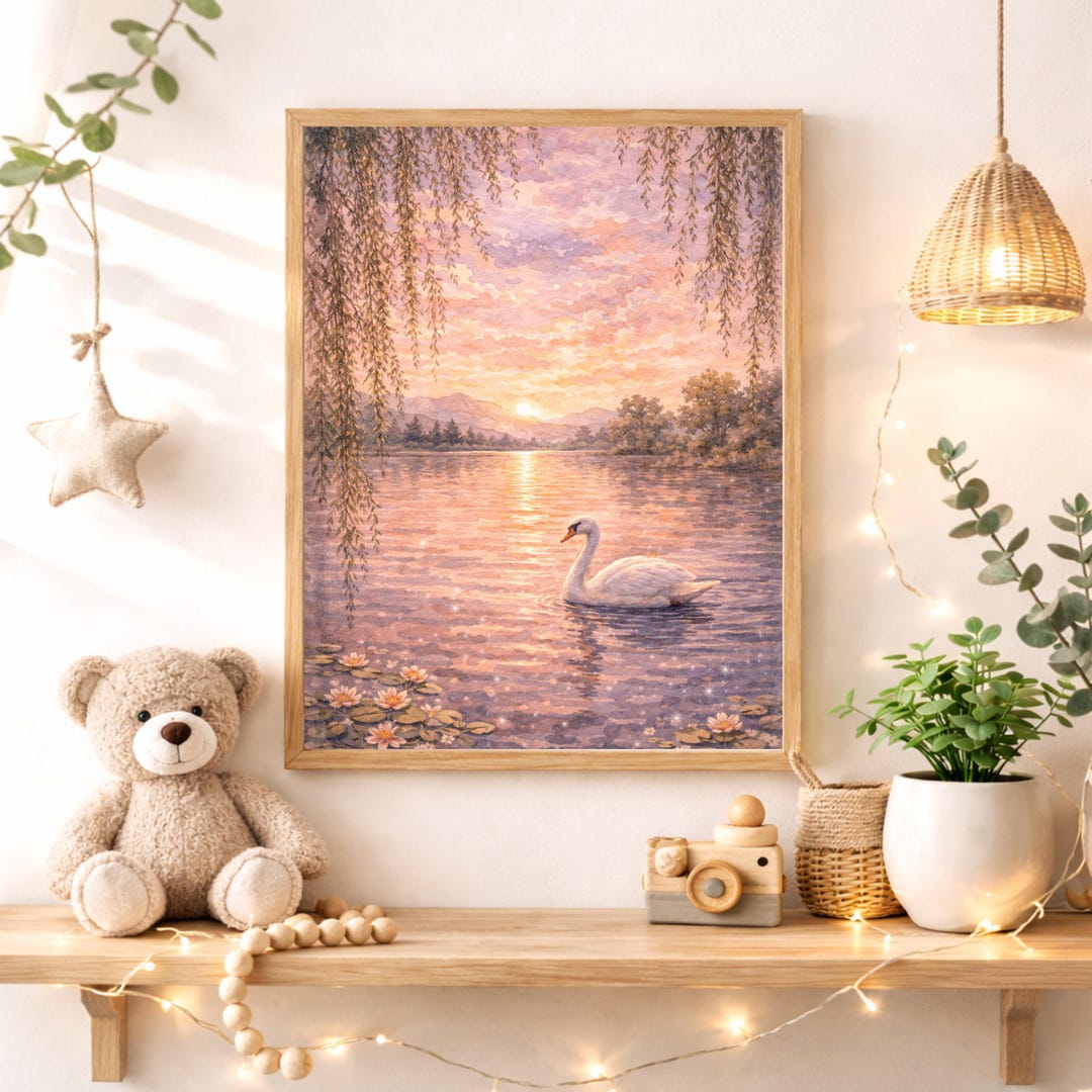 Swan Nursery Wall Art Printable, Pink Sunset Lake Baby Girl Room Decor ...