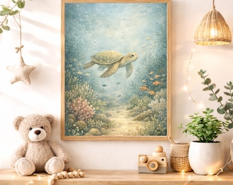 Sea Turtle Nursery Wall Art Printable, Ocean Baby Room Decor, Underwater Marine Animal Kids Bedroom Poster, Coastal Instant Digital Download