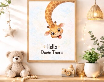 Hello Down There Nursery Quote Wall Art Instant Digital Download, Cute Giraffe Printable Safari Animal Decor for Girls Boys Baby Kids Room
