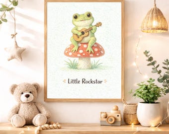 Little Rockstar Nursery Quote Wall Art Instant Digital Download, Cute Guitar Playing Frog Printable Decor Boys Girls Baby Kids Room Nursery