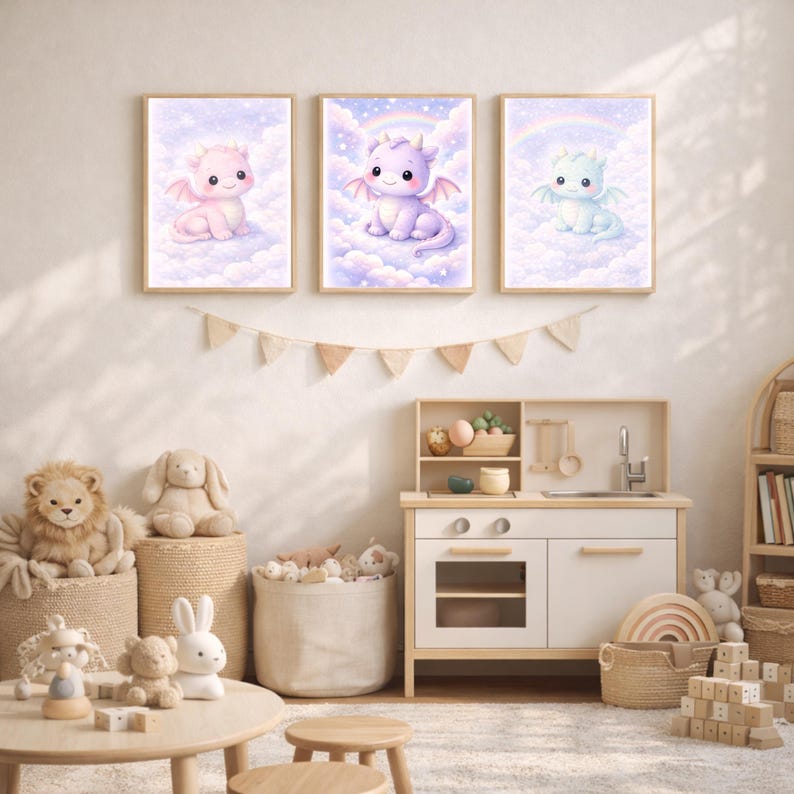 Pastel Dragon Nursery Wall Art Set of 3, Baby Dragon Fantasy Prints ...