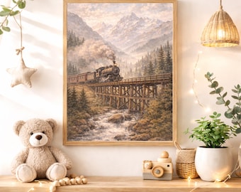 Vintage Train Nursery Wall Art Printable, Mountain Railway Adventure Decor, Neutral Kids Room Artwork, Rustic Storybook Digital Download